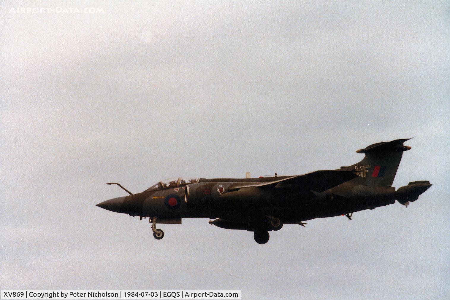 XV869, 1969 Hawker Siddeley Buccaneer S.2B C/N B3-01-68, Buccaneer S.2B of 12 Squadron on final approach to RAF Lossiemouth in the Summer of 1984.