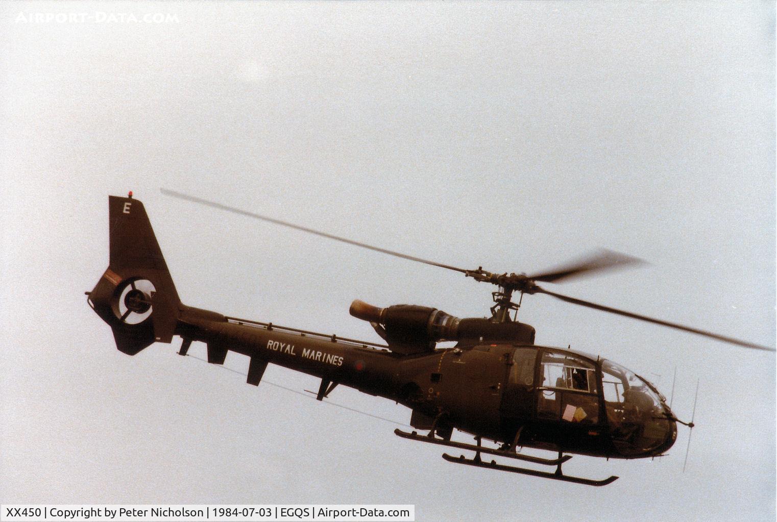 XX450, 1976 Westland SA-341B Gazelle AH1 C/N 1449, Gazelle AH.1 of 3 Commando Brigade Air Squadron at RAF Lossiemouth in the Summer of 1984.