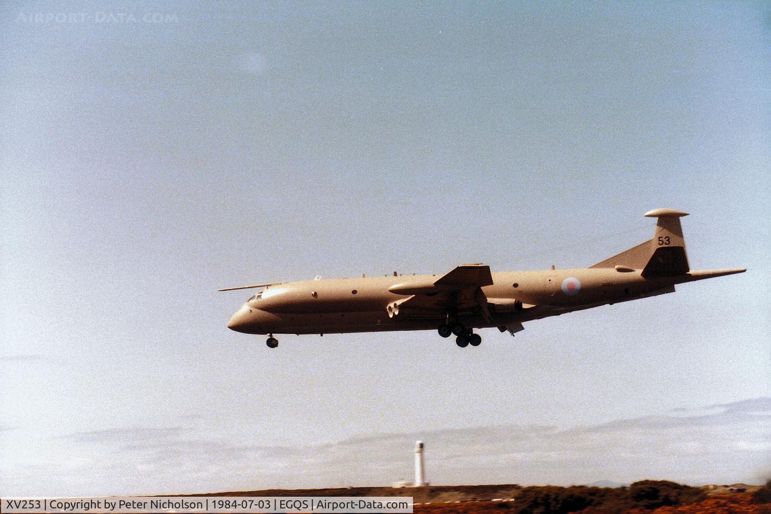 XV253, Hawker Siddeley Nimrod MR.2 C/N 8028, Nimrod MR.2 of the Kinloss Maritime Wing on final approach to RAF Lossiemouth in the Summer of 1984.