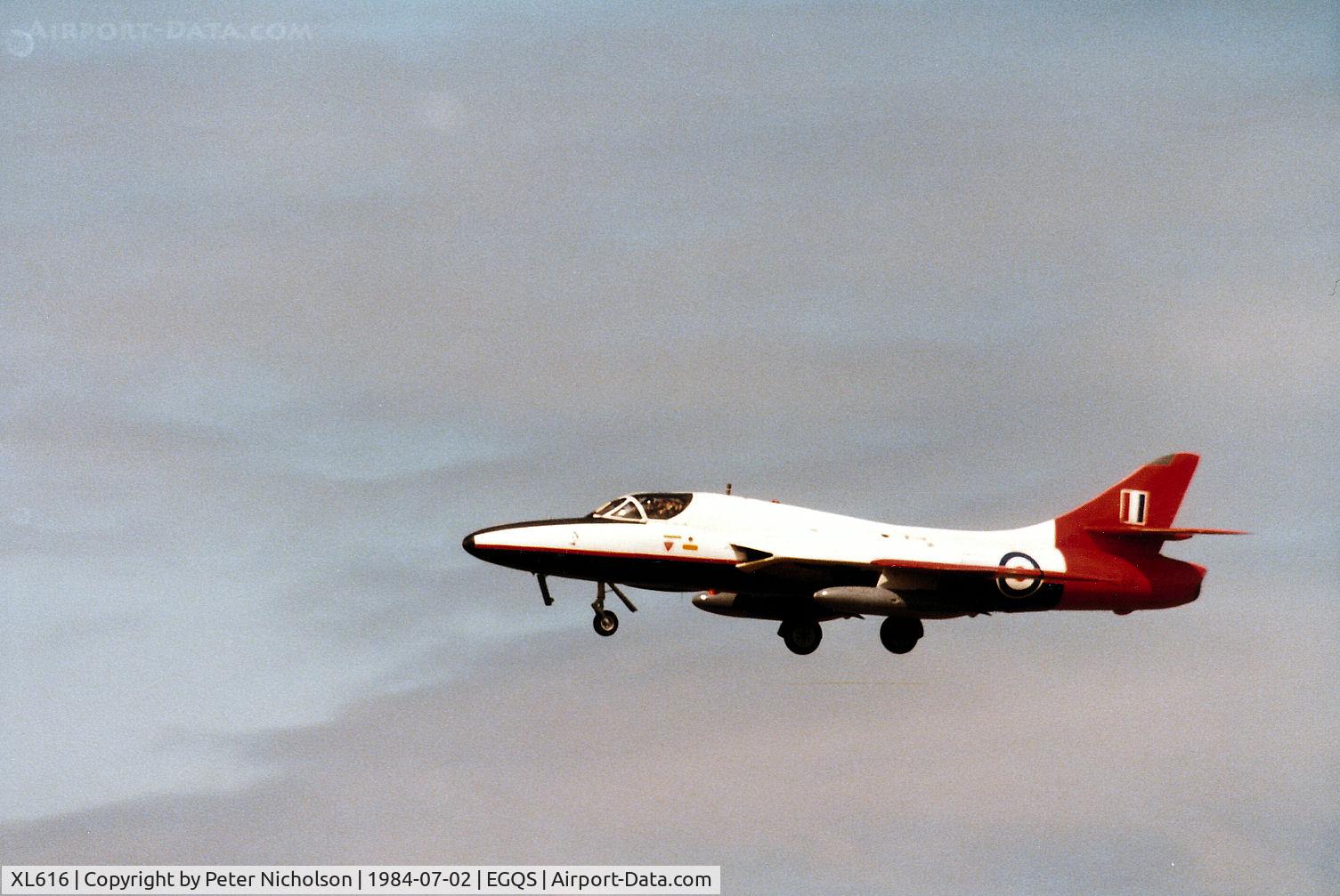 XL616, 1959 Hawker Hunter T.7A C/N 41H-695448, Hunter T.7 of 208 Squadron returning to RAF Lossiemouth in the Summer of 1984.