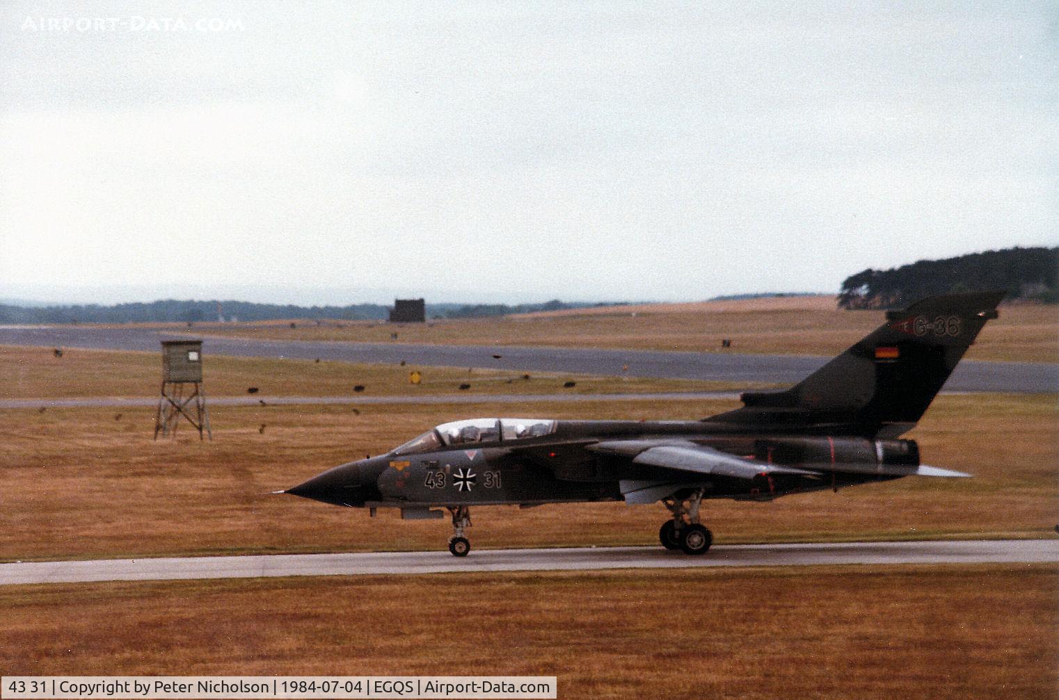43 31, Panavia Tornado IDS C/N 083/GT019/4031, Tornado IDS of the Tri-National Tornado Training Establishment - TTTE - based at RAF Cottesmore taxying after arrival at RAF Lossiemouth in the Summer of 1984.