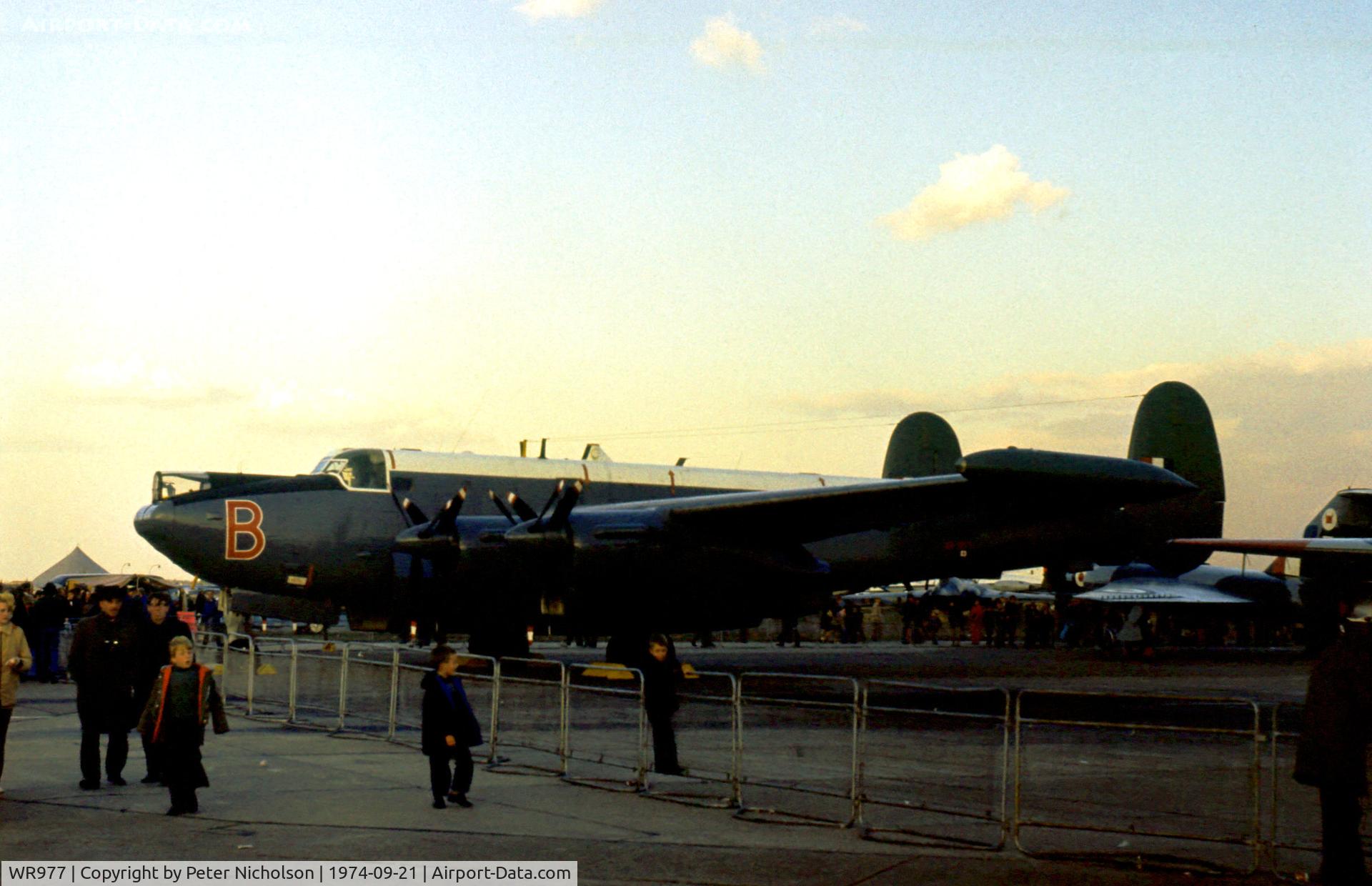 WR977, Avro 716 Shackleton MR.3 C/N Not found WR977, Shackleton MR.3 displayed in the static park at the 1974 RAF Finningley Airshow.