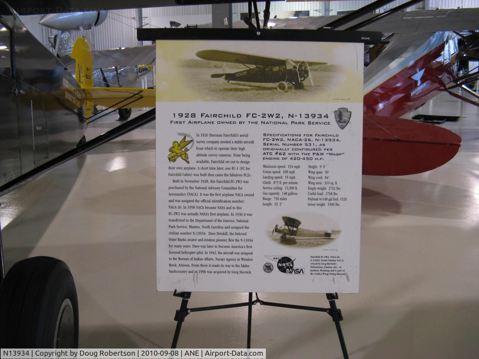 N13934, 1928 Fairchild FC-2W-2 C/N 531, 1928 Fairchild FC-2W2, P&W R-985 420 Hp, data, at Golden Wings Museum. View Large for easy reading.