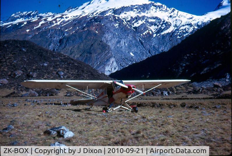 ZK-BOX, Piper PA-18A-150 Super Cub C/N 18-6243, ZK-BOX on Douglas airstrip, Karangarua River,
early 70s