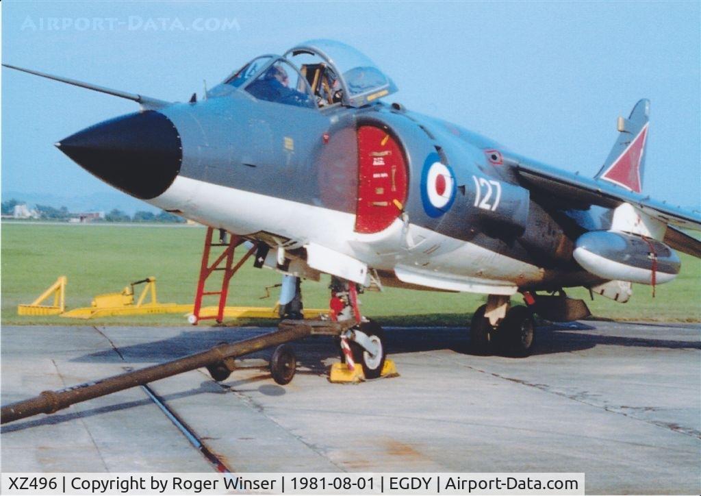 XZ496, 1981 British Aerospace Sea Harrier FRS.1 C/N 41H-912020, Coded 127/H of 800 NAS based on HMS Hermes. Seen at the RNAS Yeovilton Naval Air Day in 1981.
