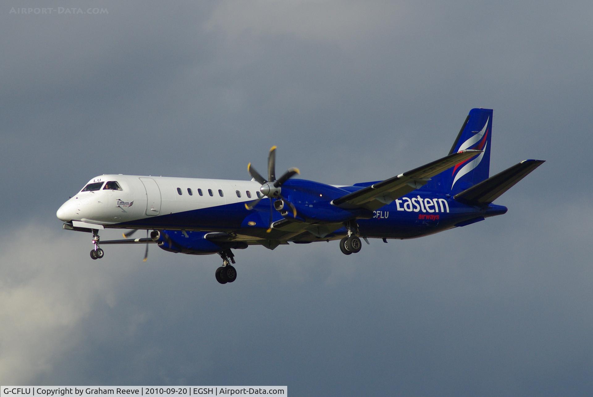 G-CFLU, 1998 Saab 2000 C/N 2000-055, Landing at Norwich.