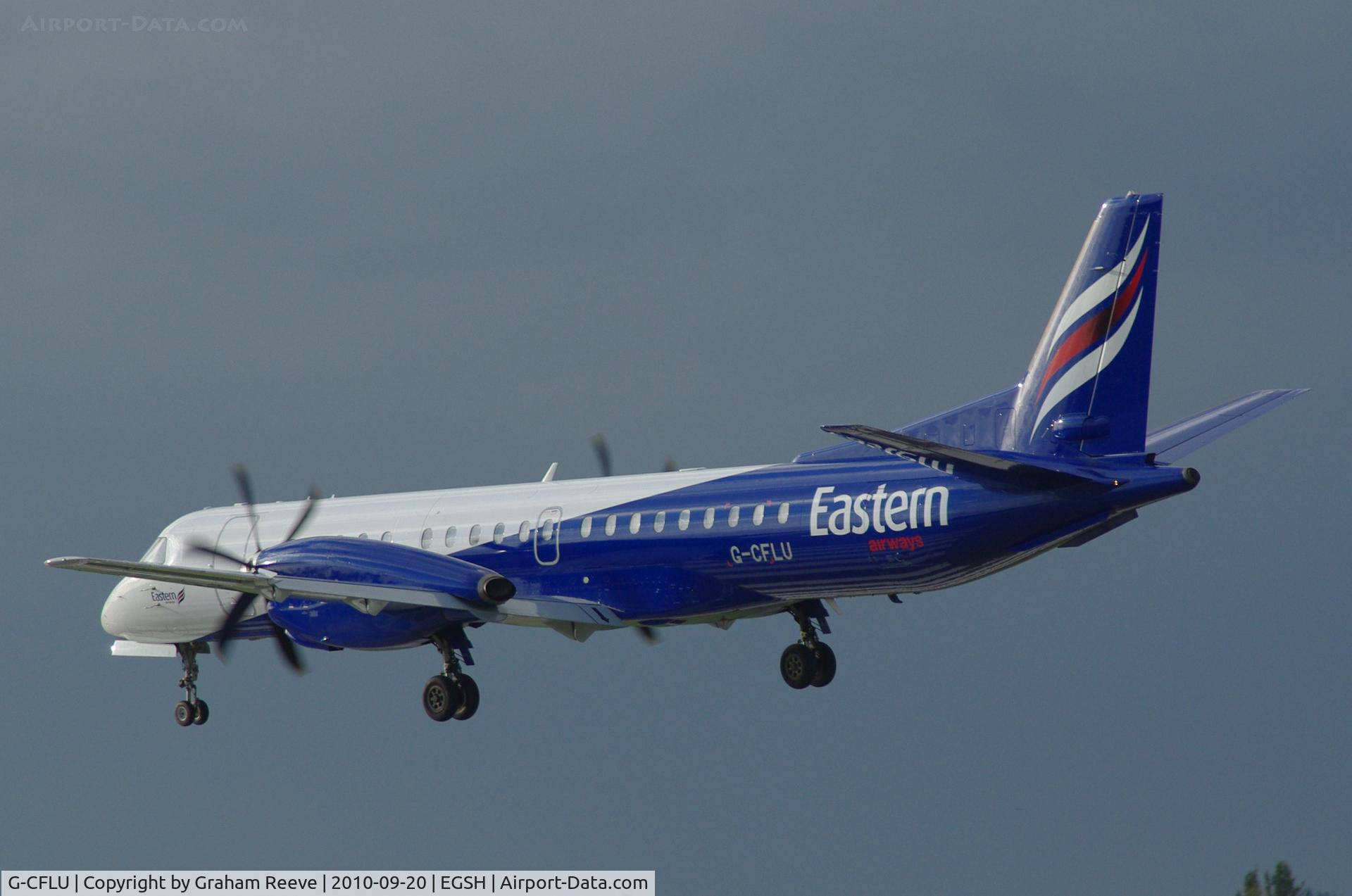 G-CFLU, 1998 Saab 2000 C/N 2000-055, Landing at Norwich.