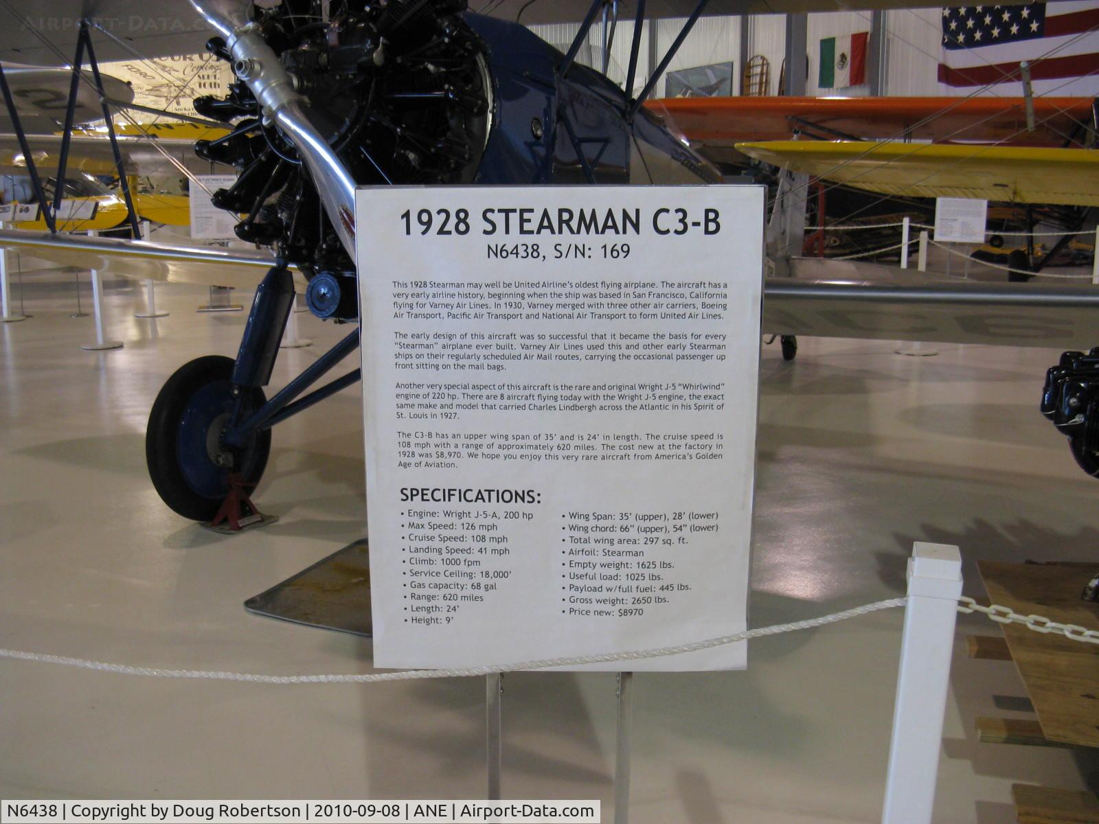 N6438, 1928 Stearman C3-B Sport Commercial C/N 169, 1928 Stearman C3-B, Wright J-5-A Whirlwind 200 Hp, data, at Golden Wings Museum. View Large.