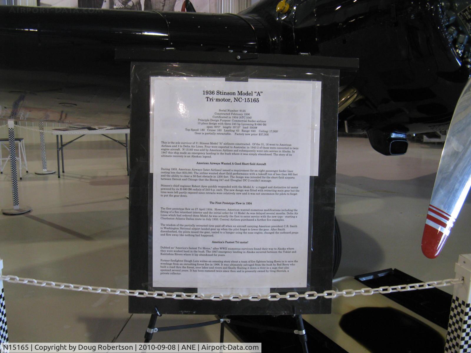 N15165, 1936 Stinson A C/N 9125, 1936 Stinson 'A' Tri-Motor, three Lycoming R-680-B6 245 Hp each, data, at Golden Wings Museum. View Large..