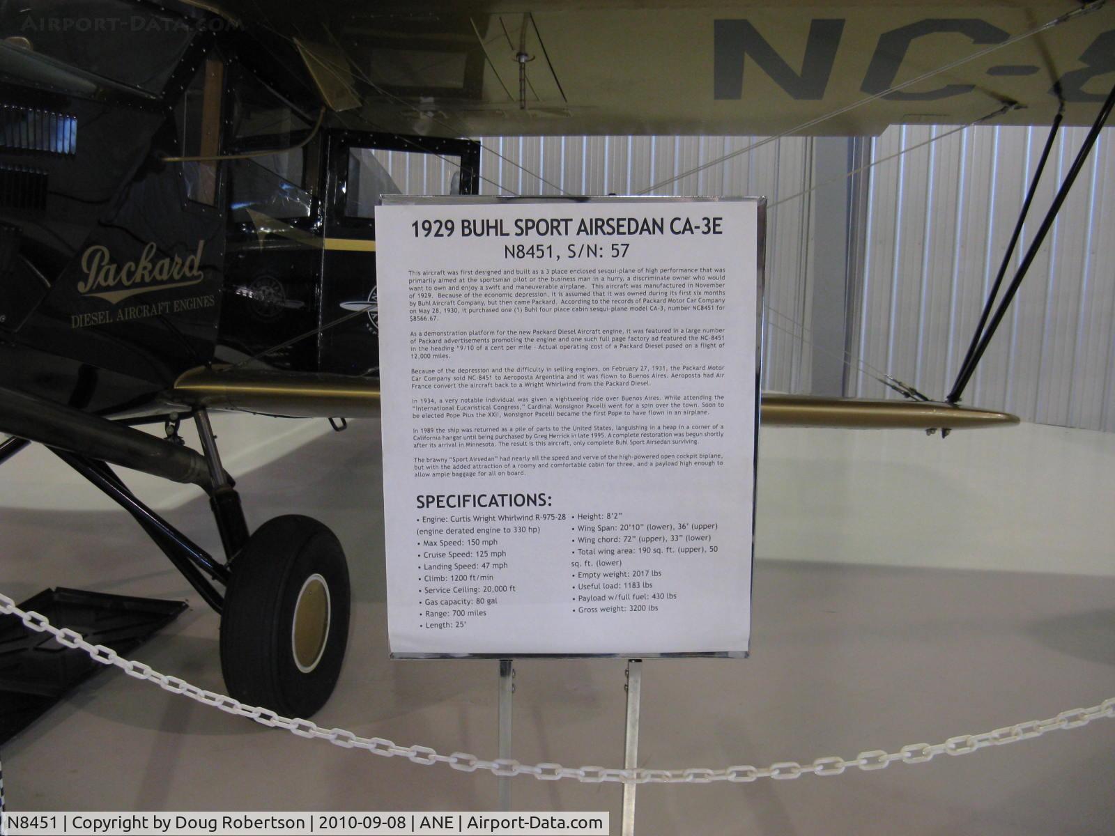 N8451, 1929 Buhl CA-3E C/N 57, 1929 Buhl CA-3E SPORT AIRSEDAN, Curtiss-Wright R-975-28 derated to 330 Hp, data, at Golden Wings Museum. View Large for easier reading.