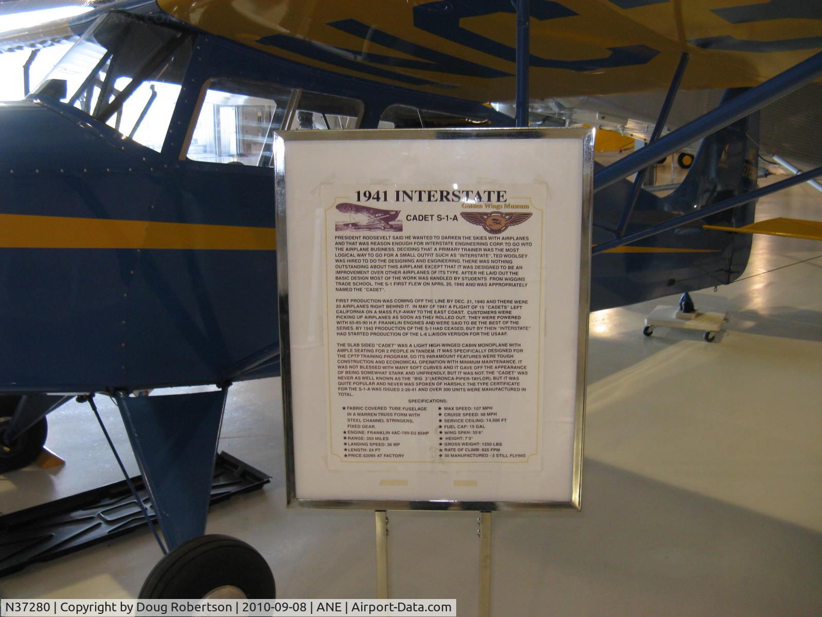 N37280, 1941 Interstate S-1A Cadet C/N 123, 1941 Interstate S-1A CADET, Franklin 4-AC-199-D2 85 Hp, data, at Golden Wings Museum. View Large for better legibility.