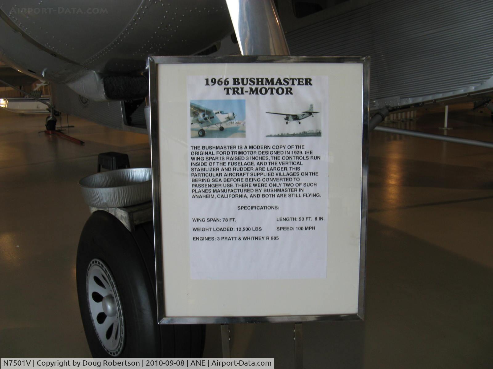 N7501V, Bushmaster 2000 C/N 1, 1966 Bushmaster 2000 Tri-Motor, three P&W R-985 Wasp Jr. 450 Hp each, C/N 1 of 2 built, Experimental class, data, at Golden Wings Museum