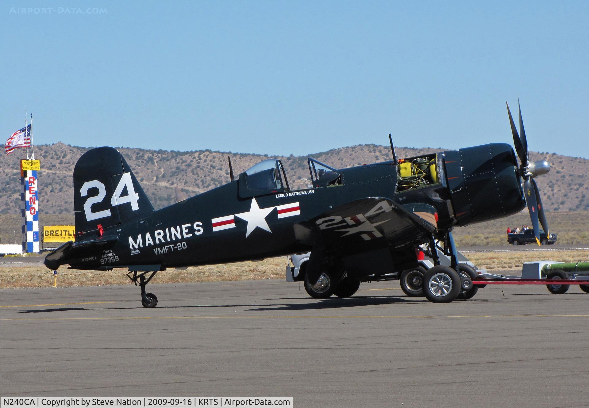 N240CA, 1945 Vought F4U-4 Corsair C/N 9513, Race #24 F4U-4 BuAer 97359 VMFT-20 Marines on active ramp as NX240CA in Unlimited Class race @ 2009 Reno Air Races