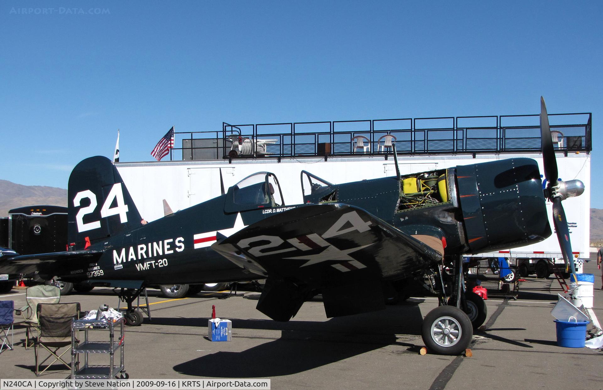 N240CA, 1945 Vought F4U-4 Corsair C/N 9513, Race #24 F4U-4 BuAer 97359 VMFT-20 Marines being worked on pits as NX240CA for Unlimited Class race @ 2009 Reno Air Races