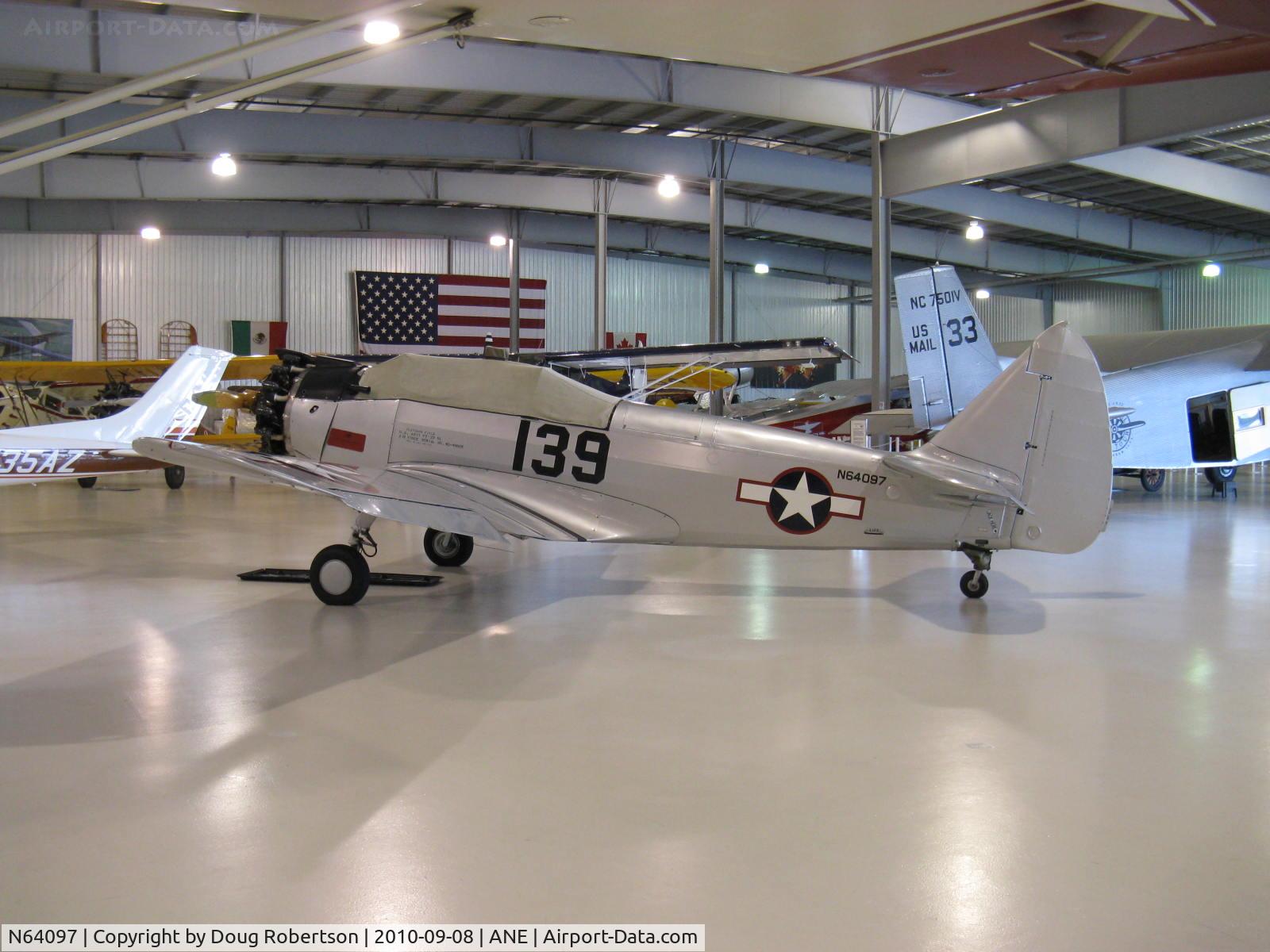 N64097, 1943 Fairchild (Howard) PT-23A Cornell (M-62C) C/N 129, 1943 Fairchild (made by Howard) M-62C (PT-23), Continental W670 220 Hp, Fairchilds were made by several companies during WWII to meet aircraft demands, radial or in-line engines, too, at Golden Wings Museum