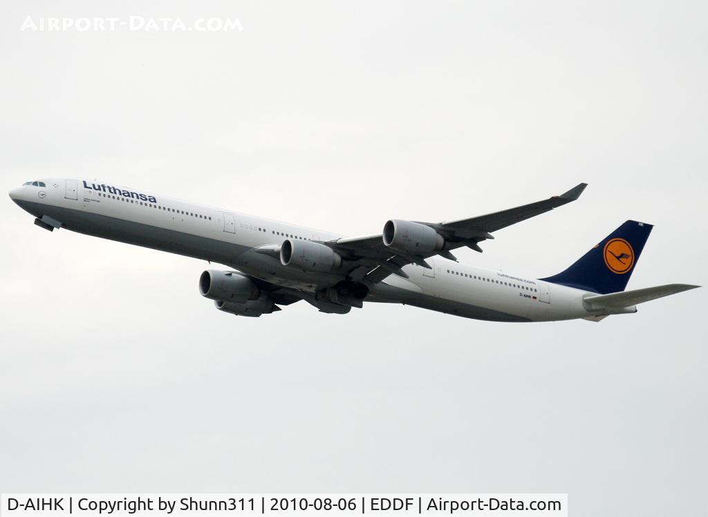 D-AIHK, 2004 Airbus A340-642 C/N 580, Taking off rwy 25R