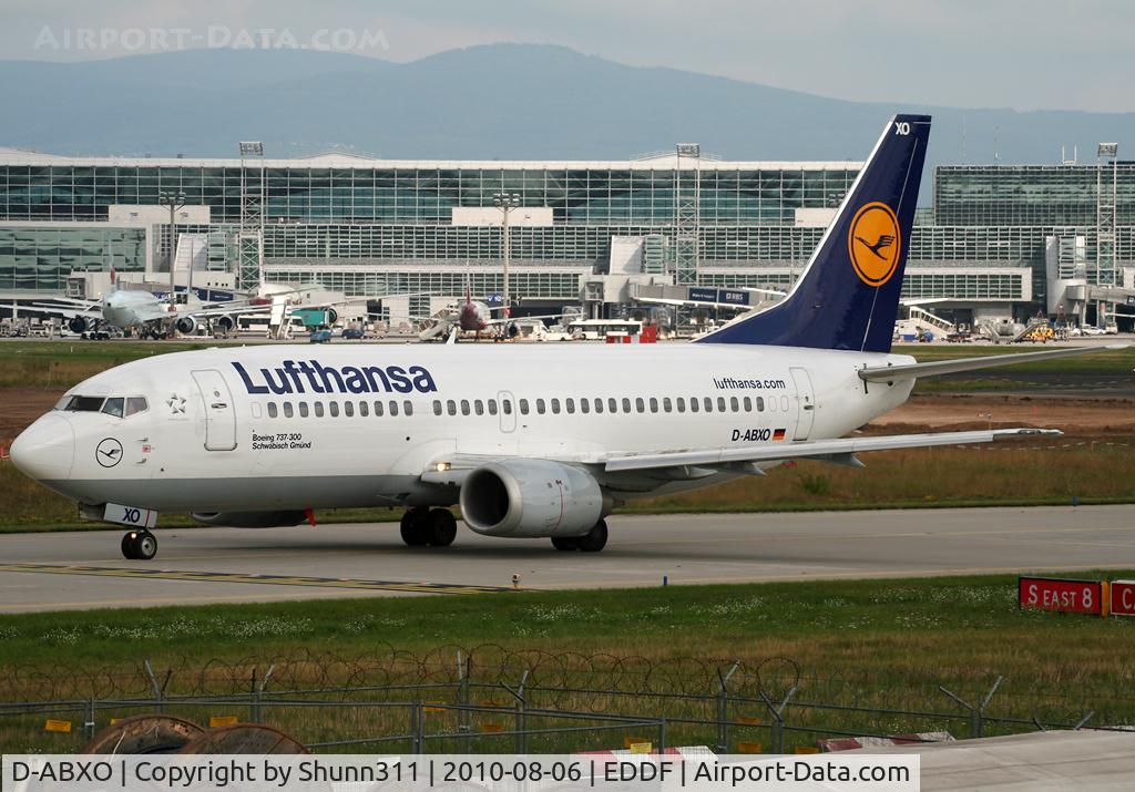 D-ABXO, 1987 Boeing 737-330 C/N 23873, Taxiing holding point rwy 18 for departure...
