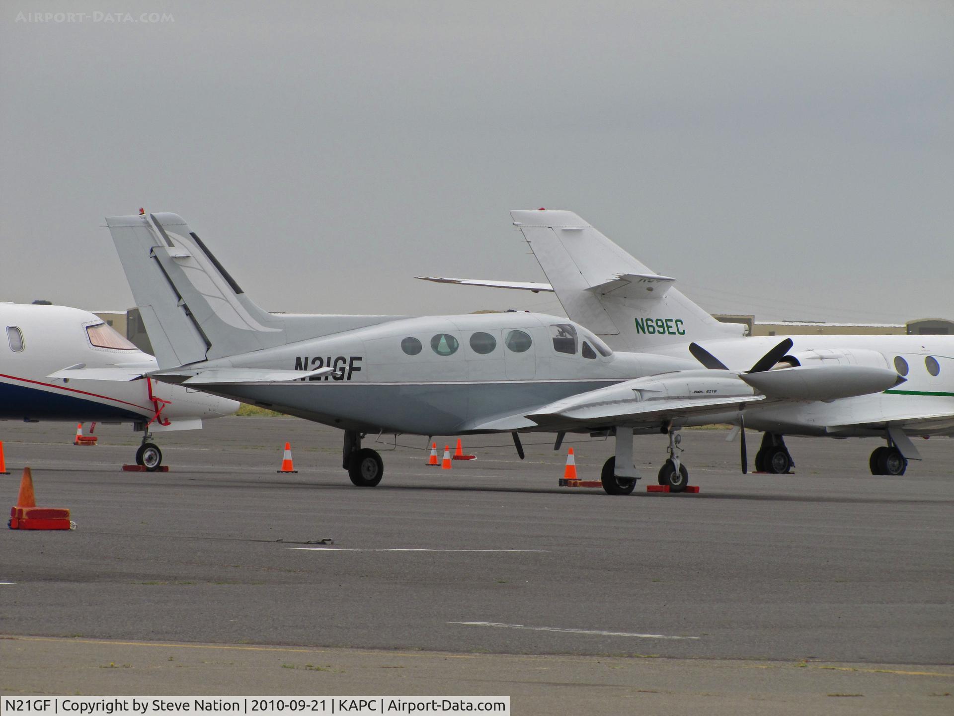 N21GF, 1971 Cessna 421B Golden Eagle C/N 421B-0209, M + D Enterprises 1971 Cessna 421B in from KPVU (Provo, UT) on bizjet ramp at Napa County Airport, CA