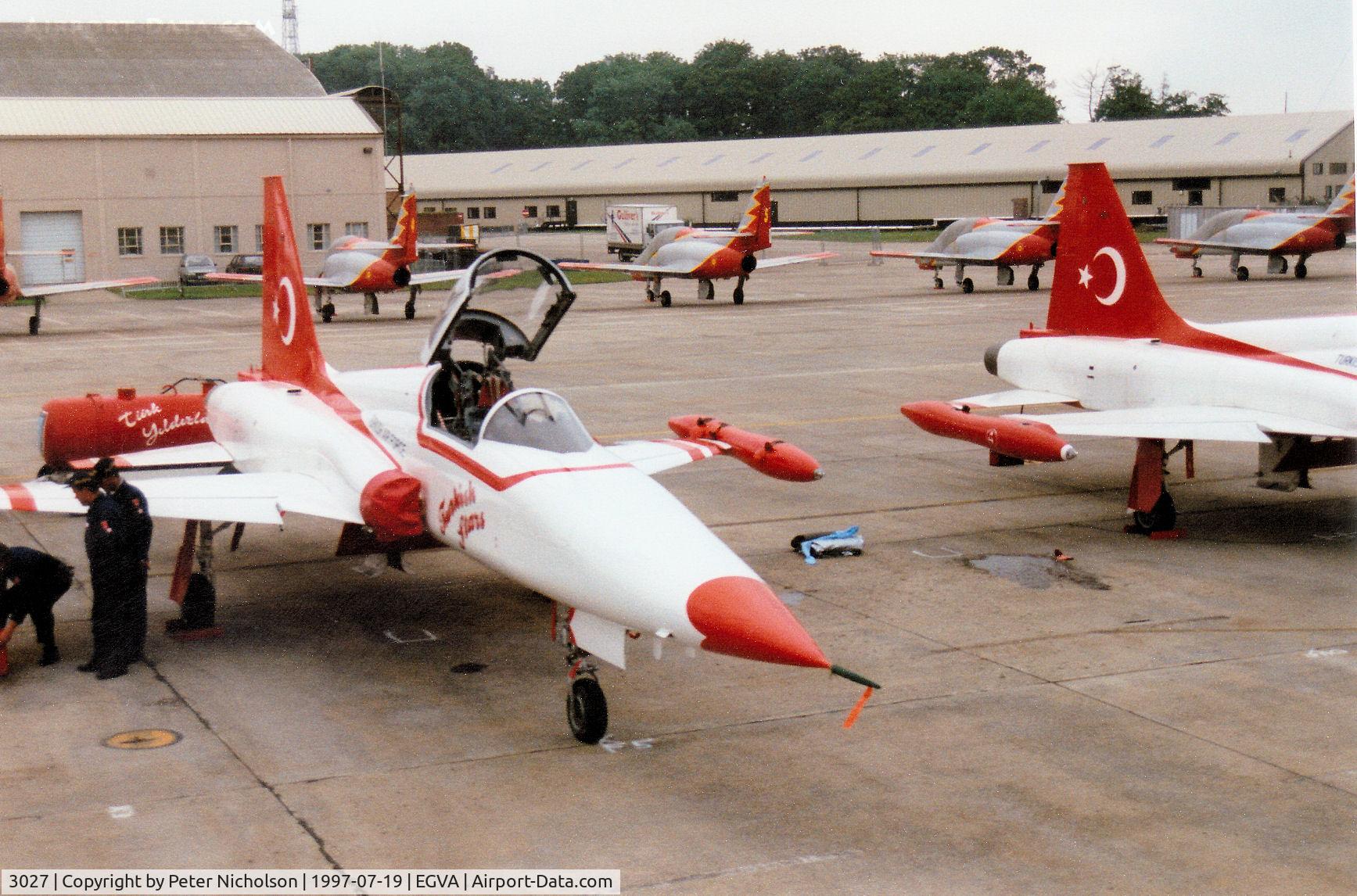 3027, 1970 Canadair NF-5A Freedom Fighter C/N 3027, NF-5A Freedom Fighter of the Turkish Stars aerobatic display team on the flight line at the 1997 Intnl Air Tattoo at RAF Fairford.