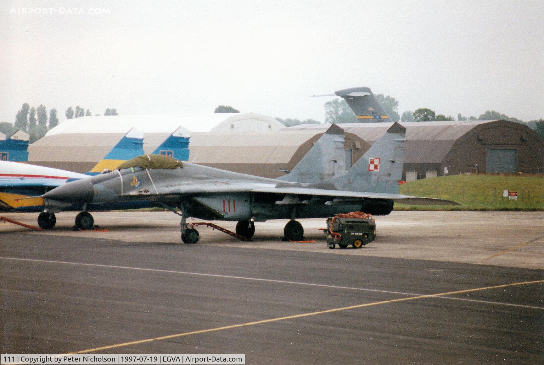 111, Mikoyan-Gurevich MiG-29A C/N 35111, Polish Air Force Fulcrum on the flight-line at the 1997 Intnl Air Tattoo at RAF Fairford.