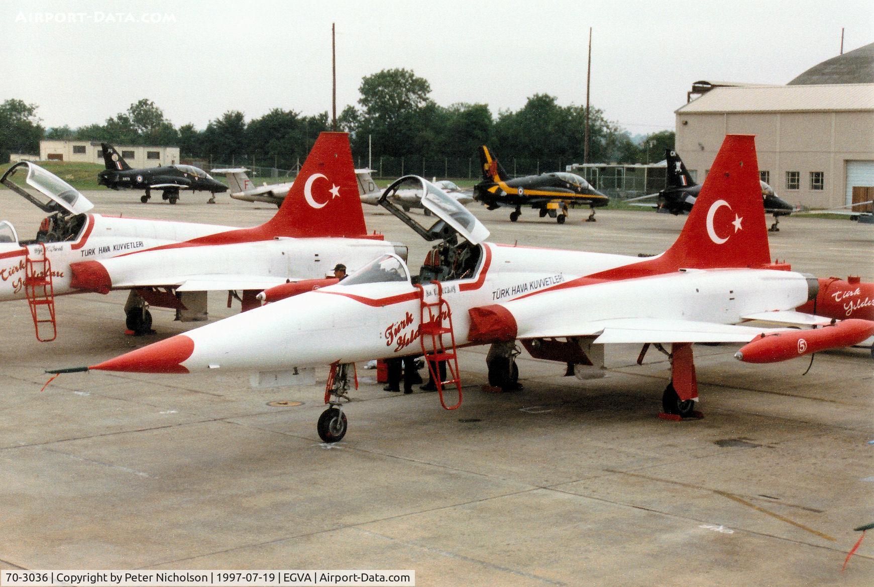 70-3036, 1970 Canadair NF-5A Freedom Fighter C/N 3036, NF-5A of the Turkish Stars aerobaic team on the flight-line at the 1997 Intnl Air Tattoo at RAF Fairford.