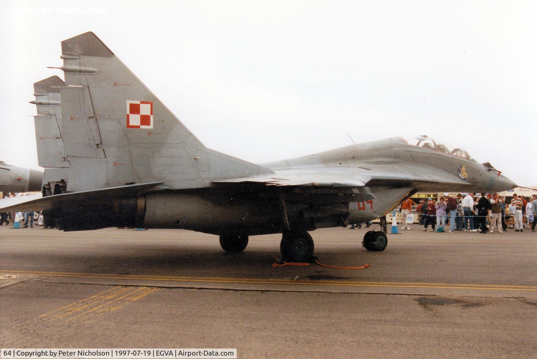 64, Mikoyan-Gurevich MiG-29UB C/N N50903014664, MiG-29 Fulcrum, callsign Polish Air Force 928 on display at the 1997 Intnl Air Tattoo at RAF Fairford.
