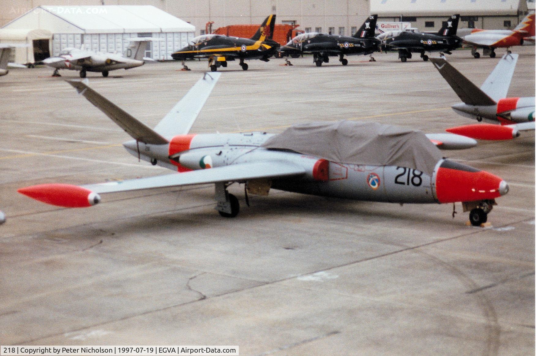 218, Fouga CM-170R Magister C/N 390, Super Magister, callsign Irish Fox, of the Irish Air Corps Silver Swallows display team on the flight-line at the 1997 Intnl Air Tattoo at RAF Fairford. 
