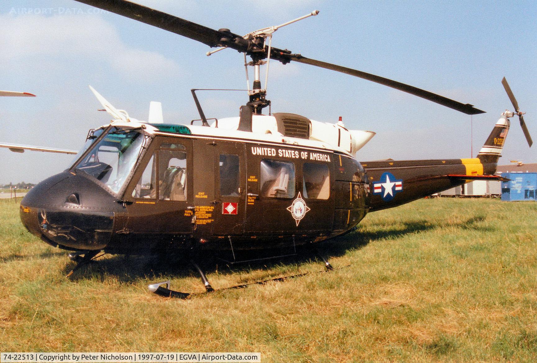 74-22513, 1974 Bell UH-1H Iroquois C/N 13837, US European Command Iroquois, callsign Clue 01, on display at the 1997 Intnl Air Tattoo at RAF Fairford.