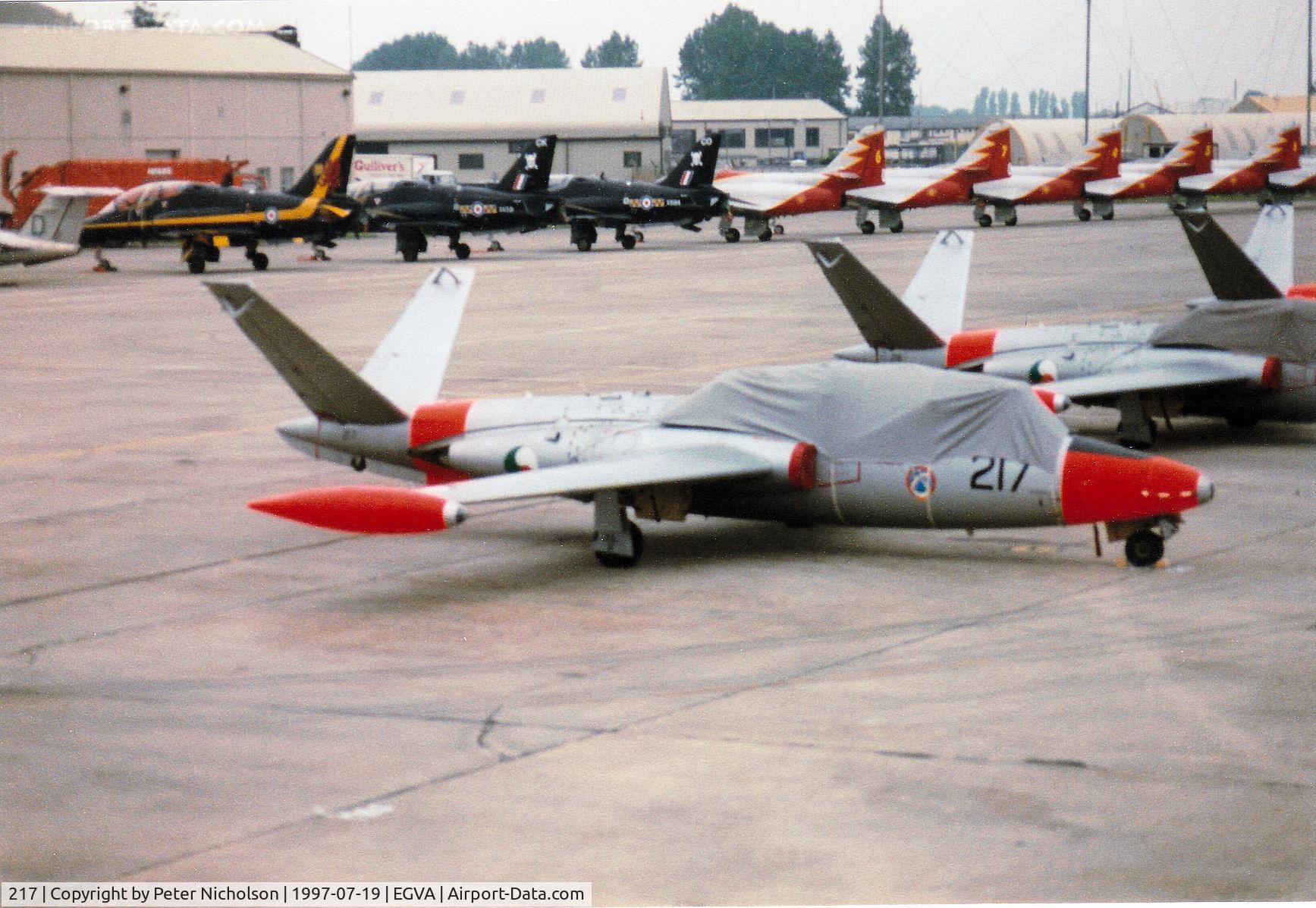 217, Fouga CM-170R Magister C/N 359, Super Magister, callsign Irish Fox, of the Irish Air Corps Silver Swallows display team on the flight-line at the 1997 Intnl Air Tattoo at RAF Fairford.