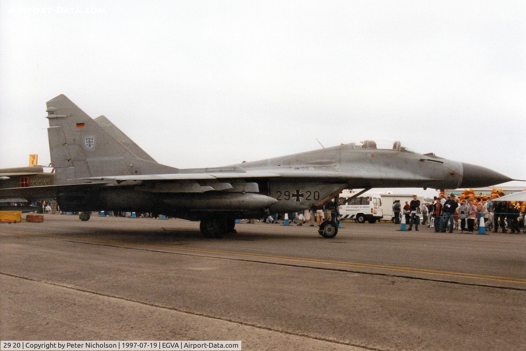 29 20, Mikoyan-Gurevich MiG-29A C/N 2960526315, MiG-29A Fulcrum, callsign German Air Force 7305 of JG-73 on display at the 1997 Intnl Air Tattoo at RAF Fairford.