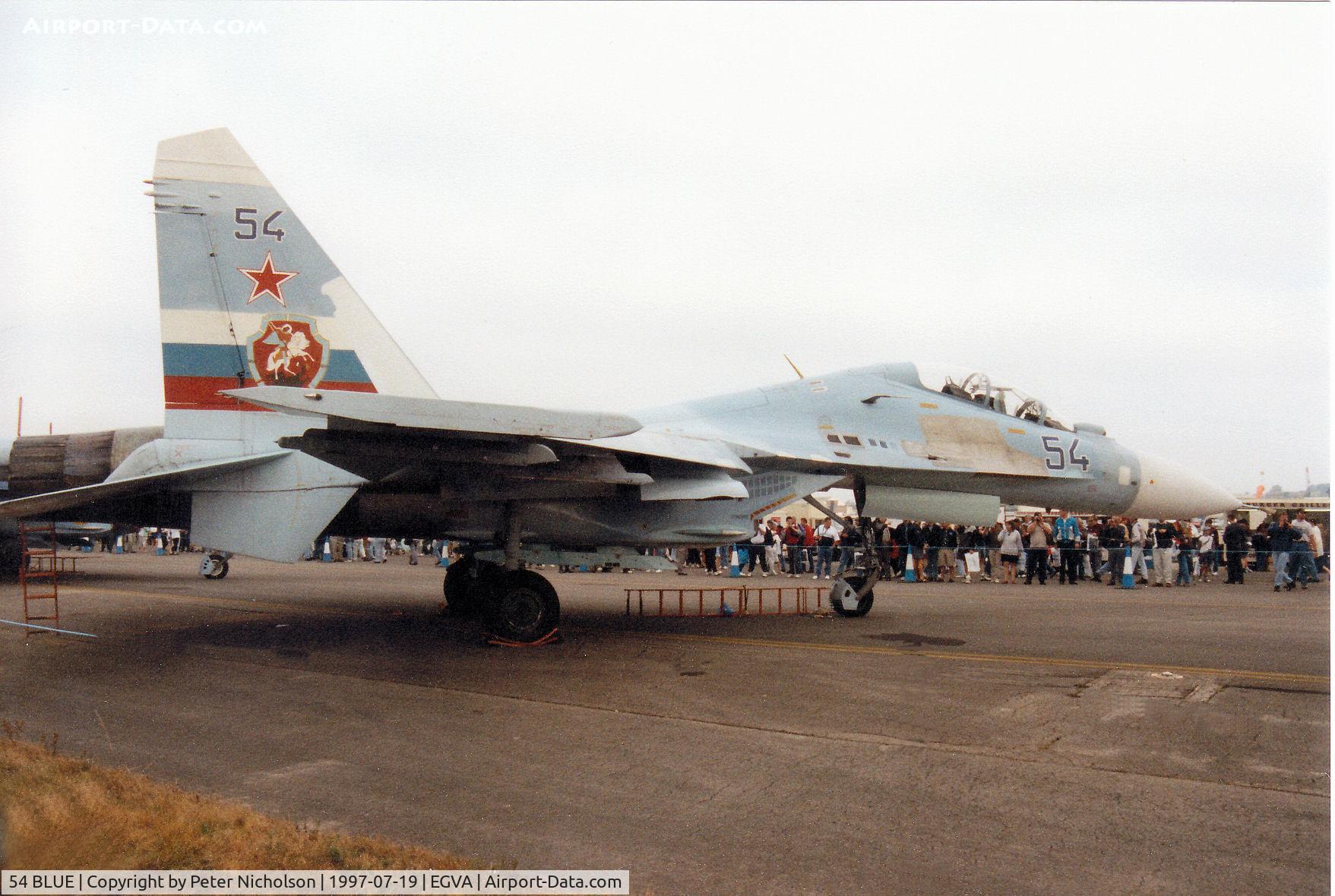 54 BLUE, Sukhoi Su-30 C/N 96310104010, Flanker C, callsign 47102, of the Russian Air Force on display at the 1997 Intnl Air Tattoo at RAF Fairford.
