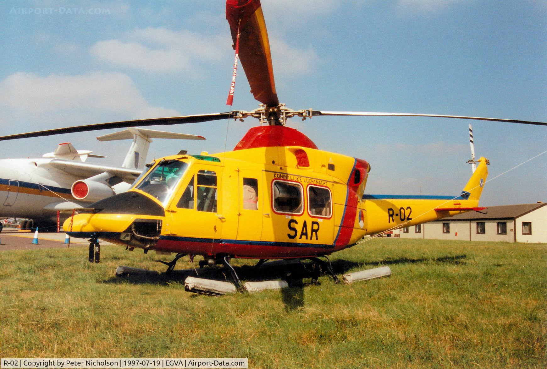 R-02, Agusta AB-412SP C/N 25638, Royal Netherlands Air Force Search & Rescue AB-412SP based at Leeuwarden on display at the 1997 Intnl Air Tattoo at RAF Fairford.