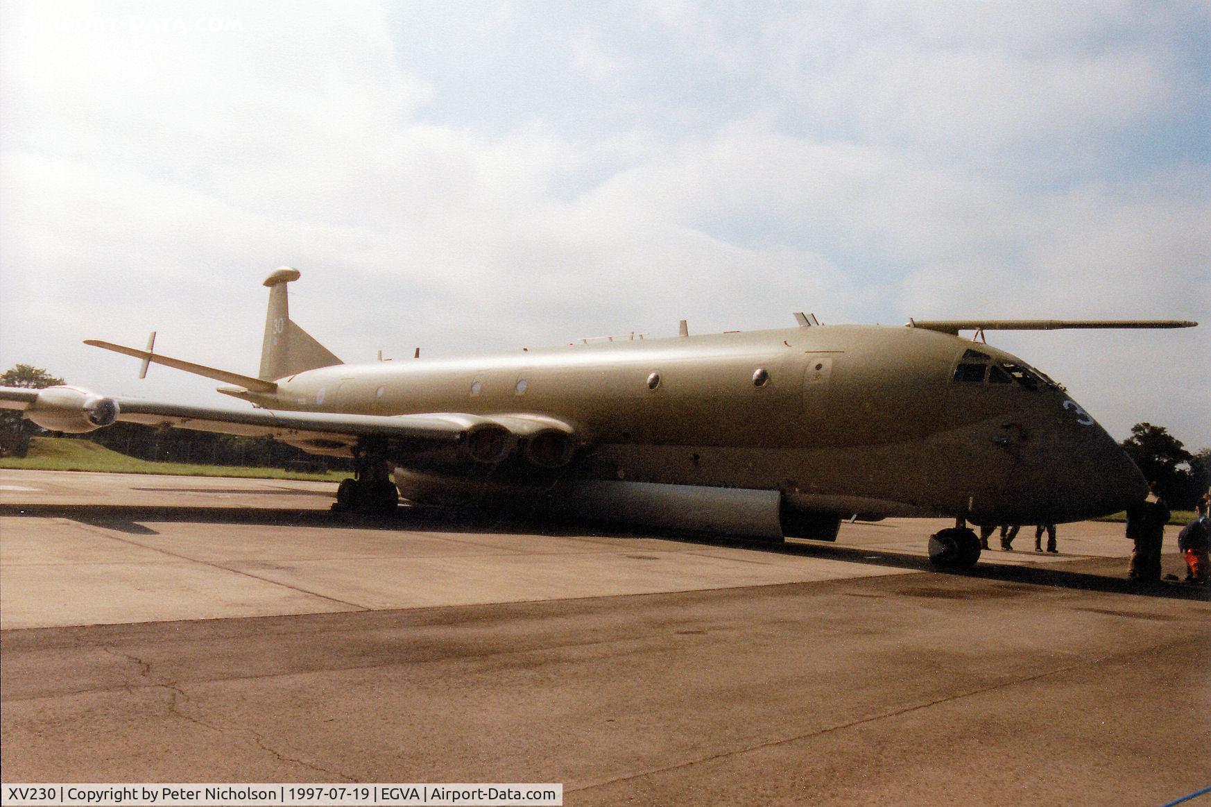 XV230, 1969 Hawker Siddeley Nimrod MR.2 C/N 8005, Nimrod MR.2, callsign Victor 3 Juliet, of 201 Squadron based at RAF Kinloss  on display at the 1997 Intnl Air Tattoo at RAF Fairford.