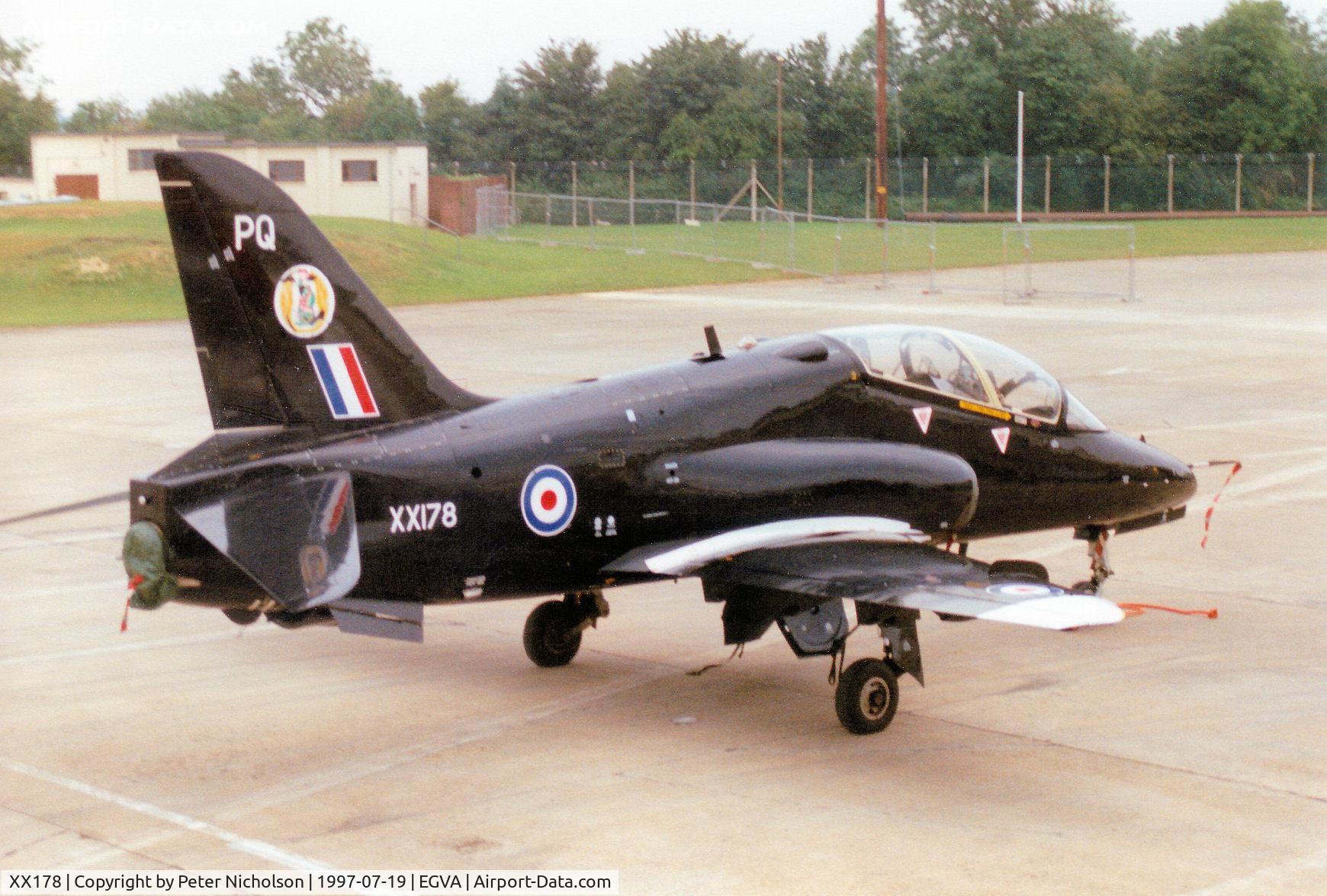 XX178, 1977 Hawker Siddeley Hawk T.1W C/N 025/312025, Another view of the 19[Reserve] Squadron Hawk T.1 on the flight-line at the 1997 Intnl Air Tattoo at RAF Fairford.