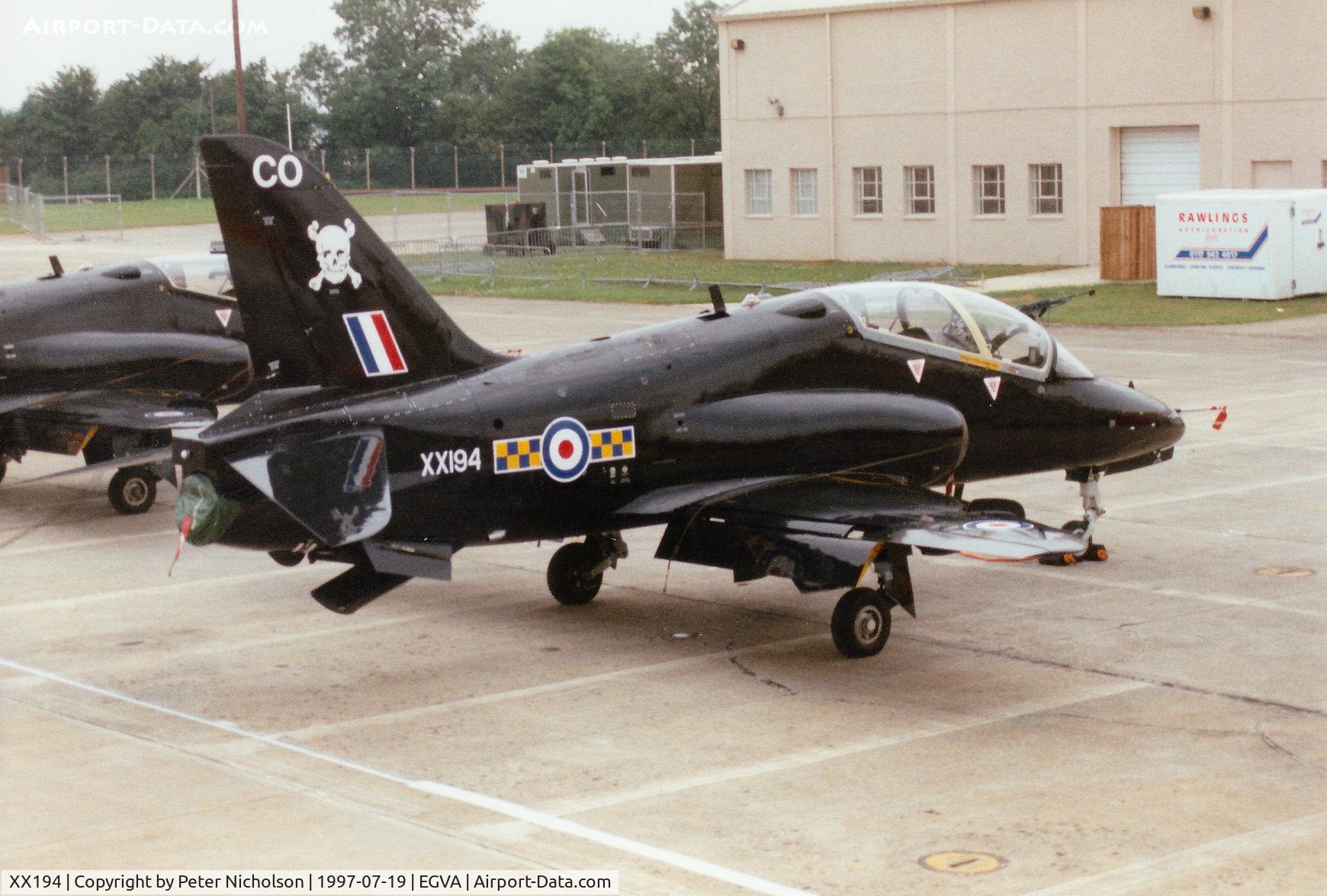 XX194, 1978 Hawker Siddeley Hawk T.1A C/N 041/312041, Hawk T.1A, callsign Archer, of 100 Squadron based at RAF Leeming on the flight-line at the 1997 Intnl Air Tattoo at RAF Fairford.