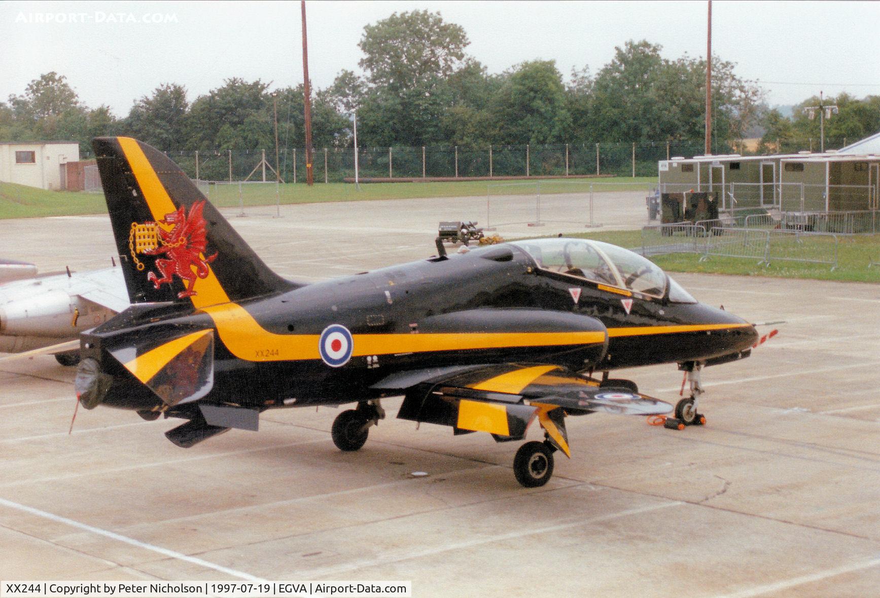 XX244, 1978 Hawker Siddeley Hawk T.1 C/N 080/312080, Hawk T.1, callsign Thunder, of 74[Reserve] Squadron on the flight-line at the 1997 Intnl Air Tattoo at RAF Fairford.
