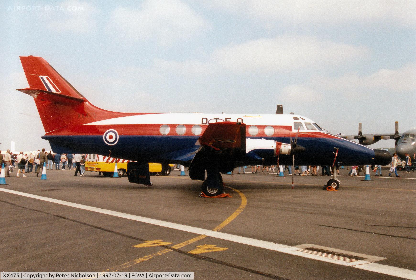 XX475, Scottish Aviation HP-137 Jetstream T.2 C/N 206, Jetstream T.2, callsign Teebird One, of the Defence Test & Evaluation Organisation (DTEO) at West Freugh on display at the 1997 Intnl Air Tattoo at RAF Fairford.