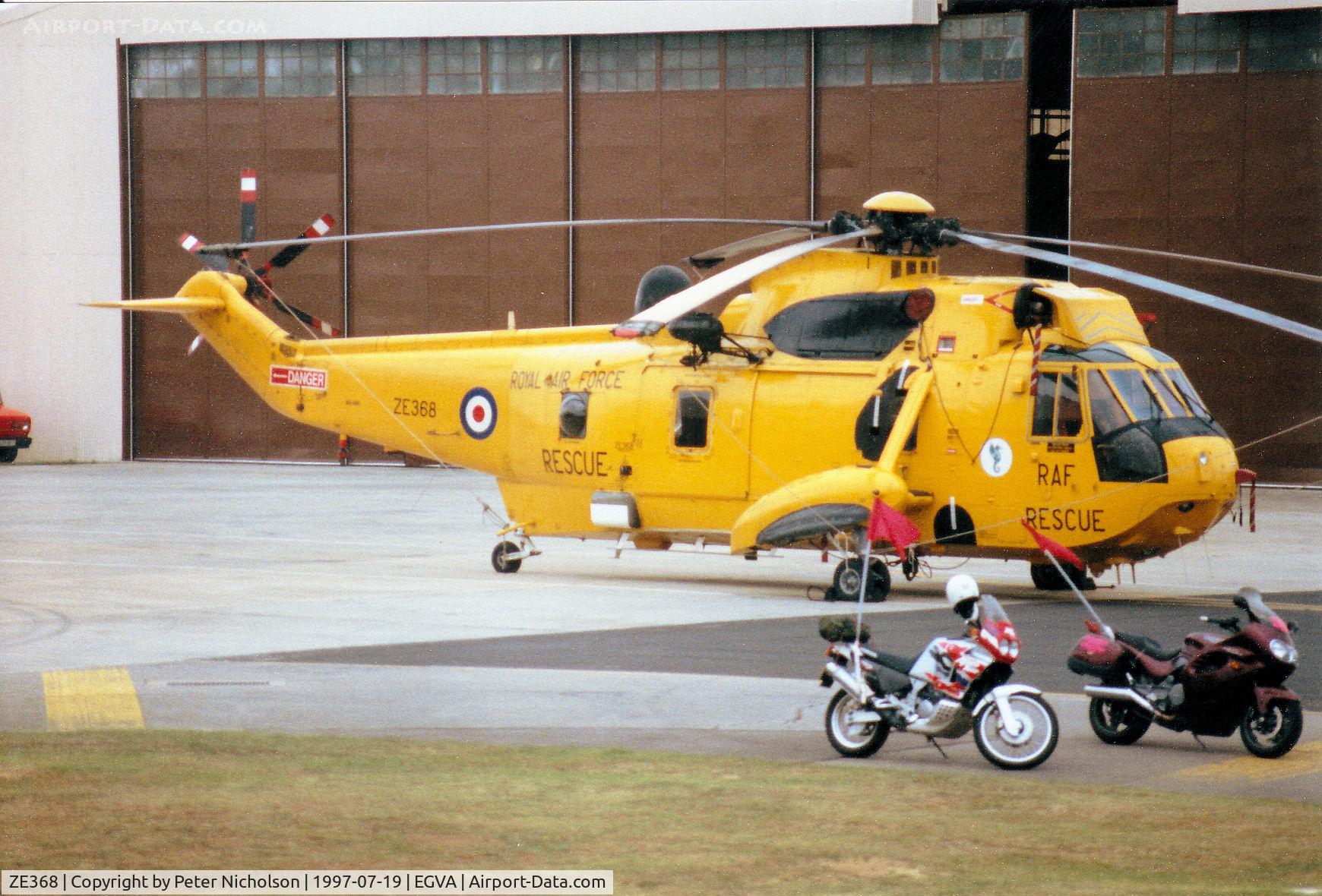 ZE368, 1985 Westland Sea King HAR.3 C/N WA947, Sea King HAR.3, callsign SMG 34, of 203[Reserve] Squadron on the flight-line at the 1997 Intnl Air Tattoo at RAF Fairford.