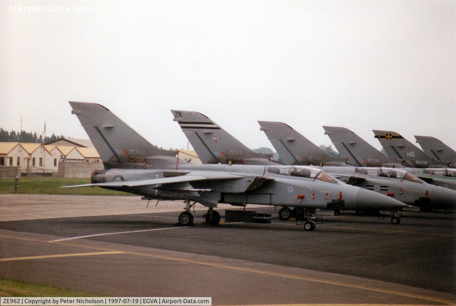 ZE962, 1989 Panavia Tornado F.3 C/N 3372, Tornado F.3 of RAF Leeming's 25 Squadron at the head of other such aircraft on the flight-line at the 1997 Intnl Air Tattoo at RAF Fairford.
