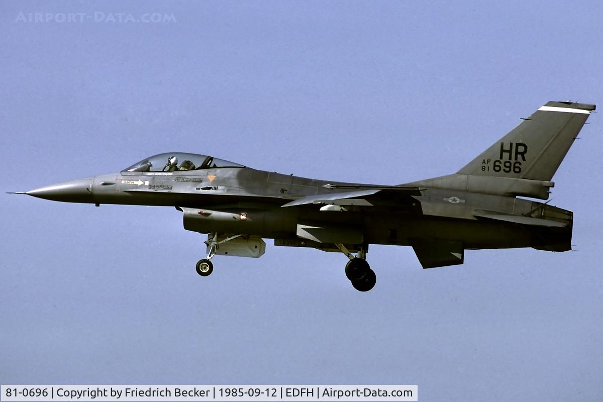 81-0696, 1981 General Dynamics F-16A Fighting Falcon C/N 61-377, on final RW03 at Hahn Air Base