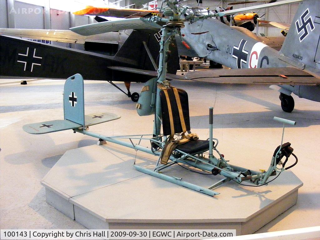 100143, Focke-Achgelis Fa-330A-1 Bachstelze C/N 100143, Focke Achgelis FA330. This aircraft was actually an unpowered autogyro kite, intended for use as an observation platform for German U-Boats