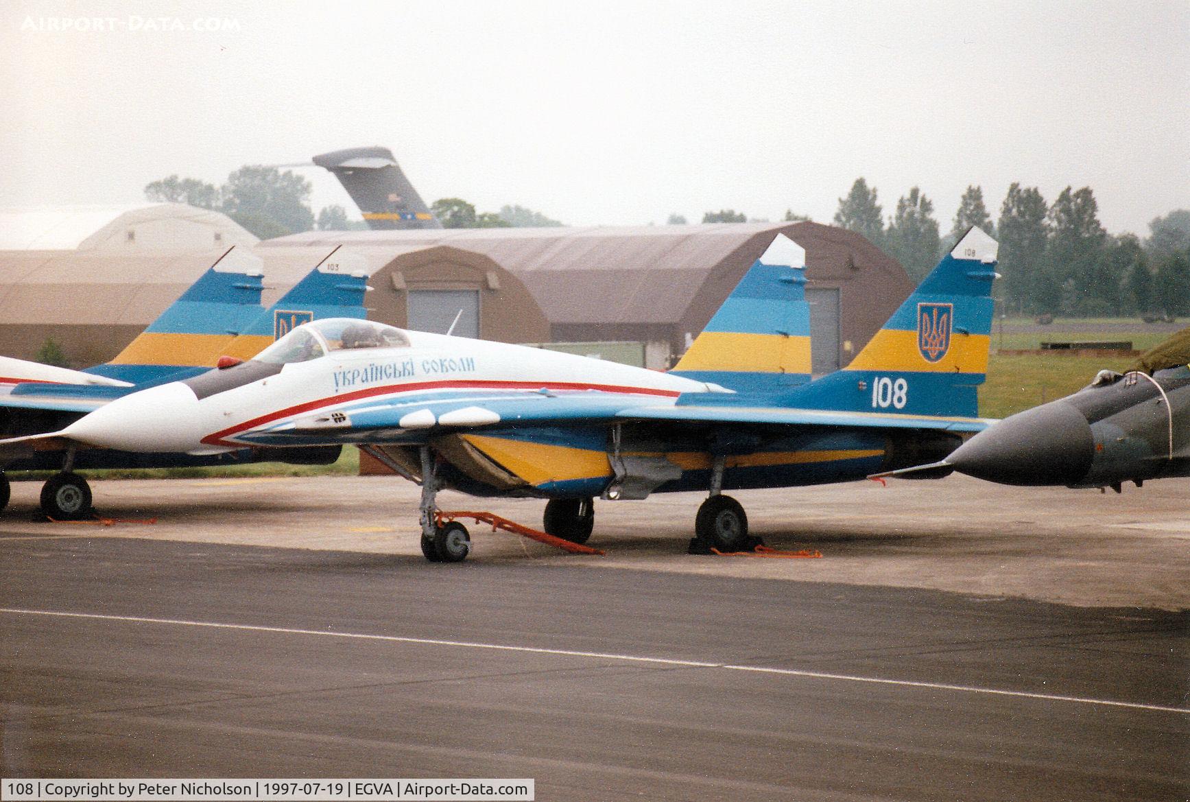 108, Mikoyan-Gurevich MiG-29A C/N 31239, MiG-29A Fulcrum of the Ukranian Falcons display team on the flight-line at the 1997 Intnl Air Tattoo at RAF Fairford.