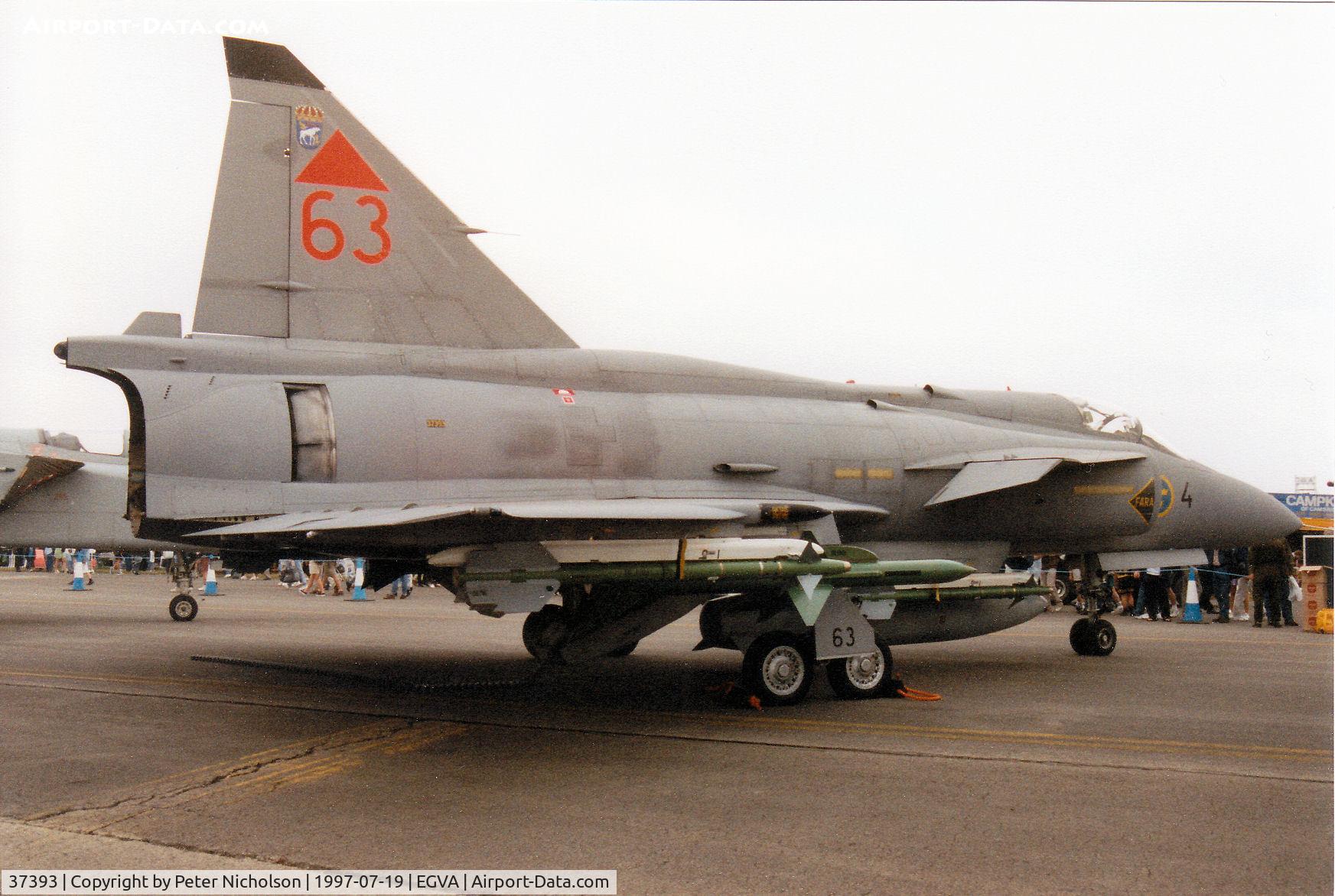 37393, Saab JA 37 Viggen C/N 37393, Royal Swedish Air Force JA-37 Viggen of F21 Wing on display at the 1997 Intnl Air Tattoo at RAF Fairford.