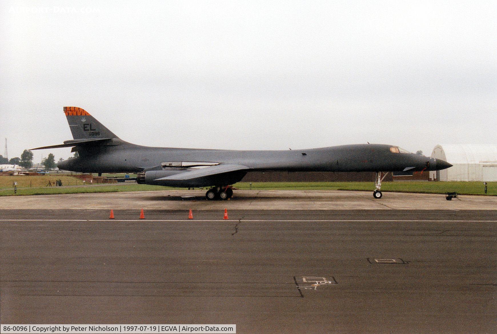 86-0096, 1986 Rockwell B-1B Lancer C/N 56, B-1B Lancer, callsign Tiger 02, of 37th Bomb Squadron/28th Bombardment Wing at Ellsworth AFB on the flight-line at the 1997 Intnl Air Tattoo at RAF Fairford.