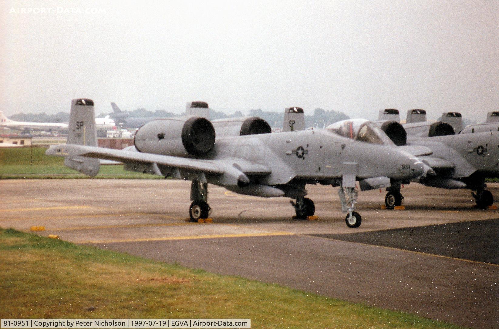 81-0951, 1981 Fairchild Republic A-10A Thunderbolt II C/N A10-0646, A-10A Thunderbolt, callsign Panther 11, of Spangdahlem's 81st Fighter Squadron/52nd Fighter Wing on the flight-line at the 1997 Intnl Air Tattoo at RAF Fairford.
