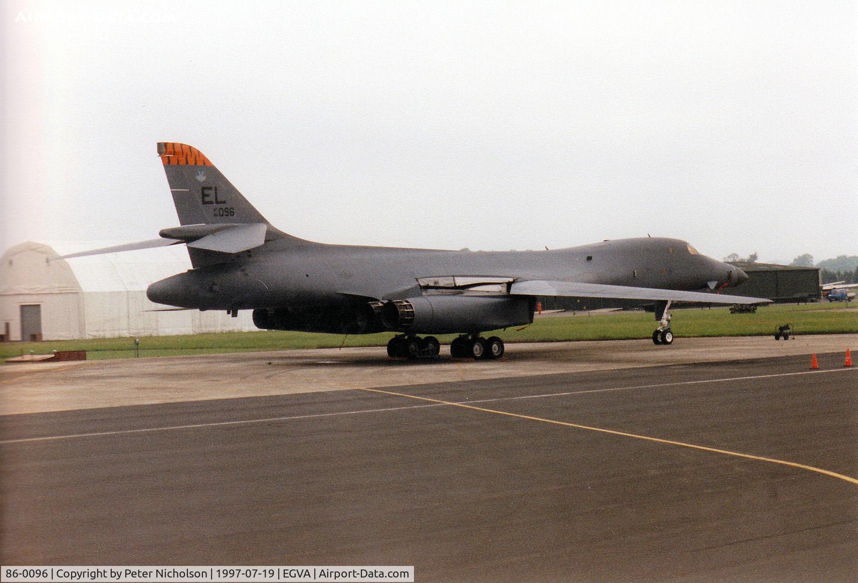 86-0096, 1986 Rockwell B-1B Lancer C/N 56, Another view of Tiger 02, the 28th Bombardment Wing B-1B Lancer on the flight-line at the 1997 Intnl Air Tattoo at RAF Fairford.