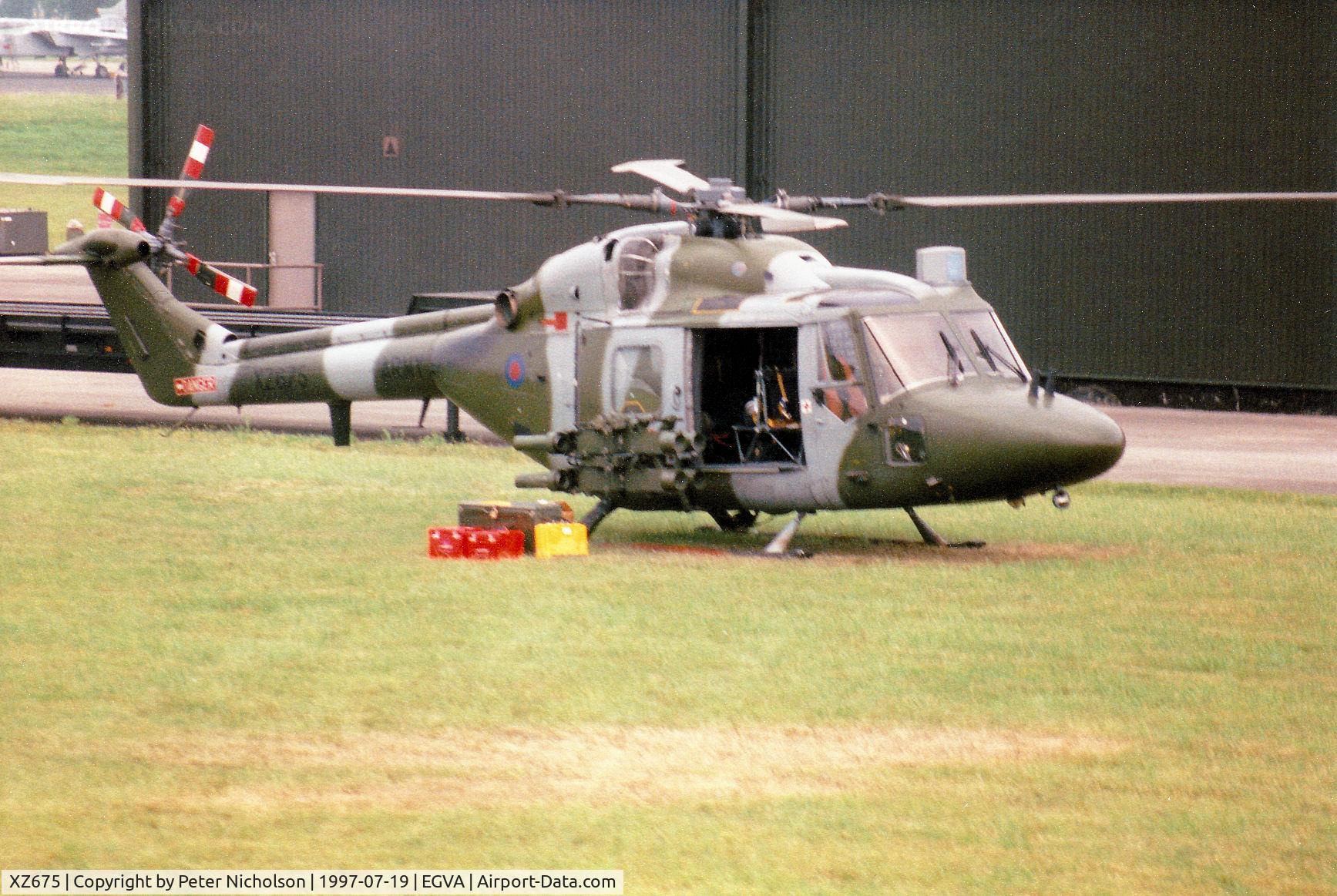 XZ675, 1981 Westland Lynx AH.7 C/N 240, Lynx AH.7 of the Army Air Corps Blue Eagles display team on the flight-line at the 1997 Intnl Air Tattoo at RAF Fairford.