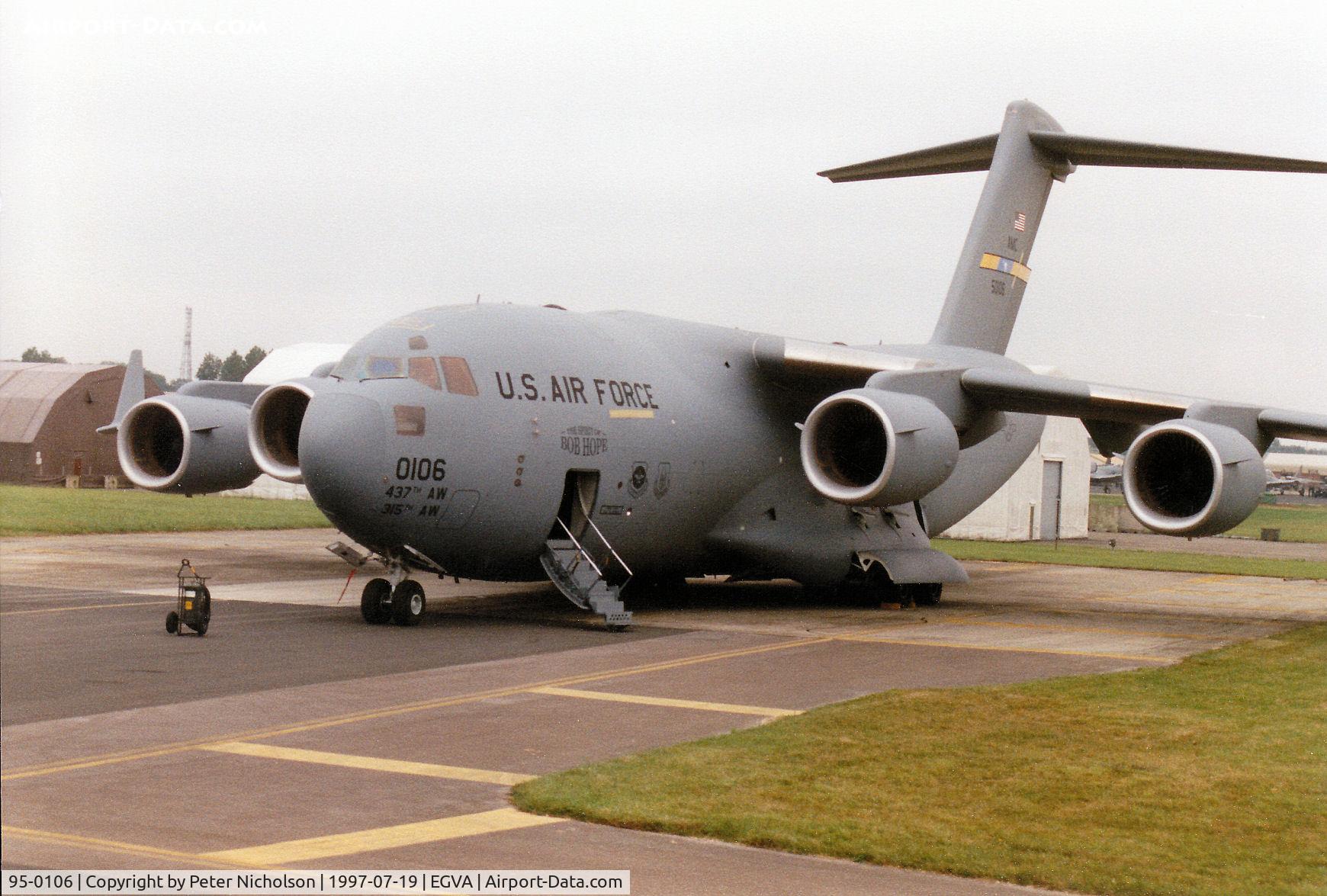 95-0106, 1995 McDonnell Douglas C-17A Globemaster III C/N P-31, C-17A Globemaster named The Spirit of Bob Hope flown by the 437th Airlift Wing on the flight-line at the 1997 Intnl Air Tattoo at RAF Fairford.