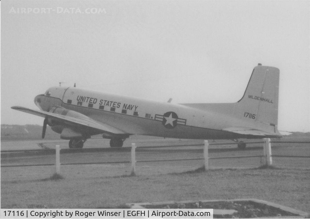 17116, Douglas C-117D C/N 43307, US Navy Douglas Super Dakota/Skytrooper coded 116 from the NAF at RAF Mildenhall visiting Swansea Airport in the late 1960's or early 1970's. This a/c brought in spare  parts for another C-117D (s/n 17171?) from the NAF with starboard engine problems.