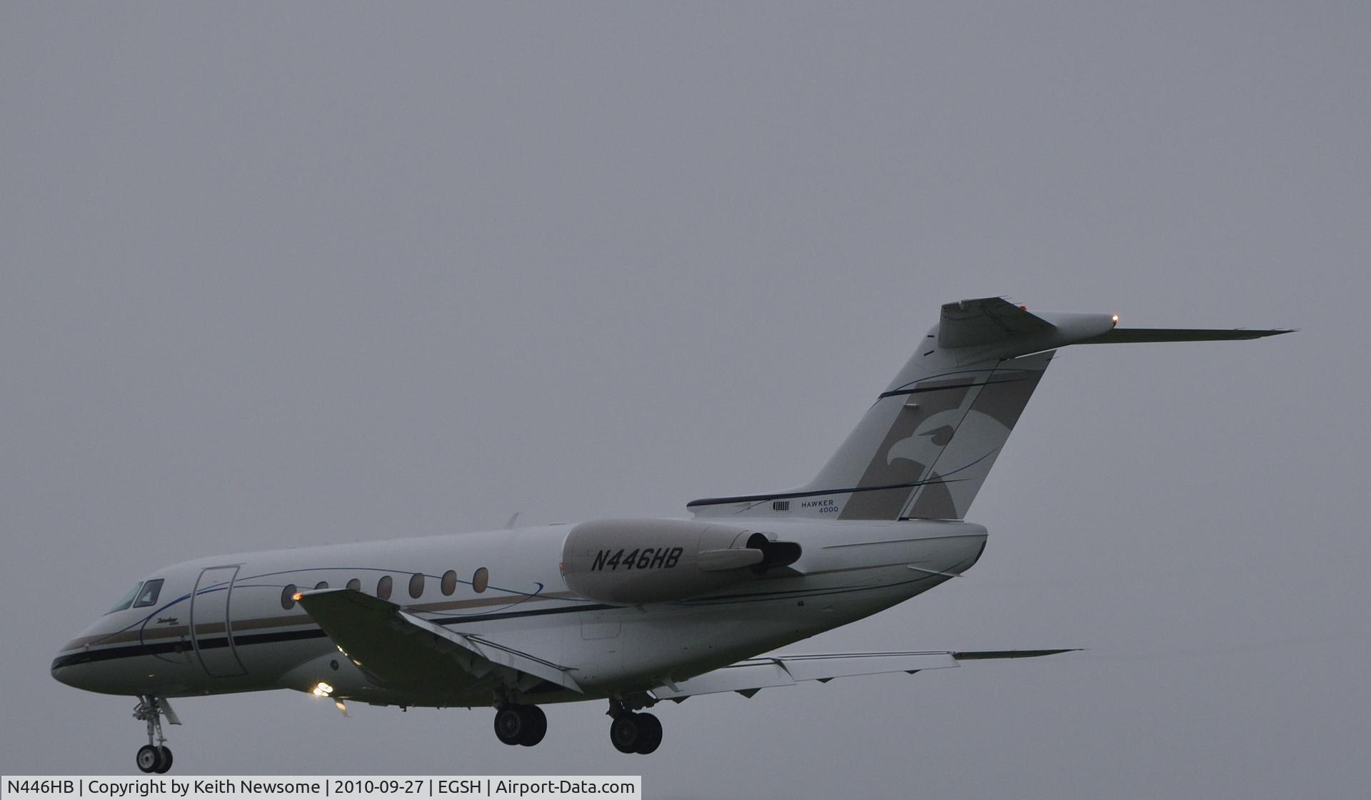 N446HB, 2010 Hawker Beechcraft 4000 C/N RC-46, landing at Norwich (NWI) at dusk on 27.09.10 in rain !!